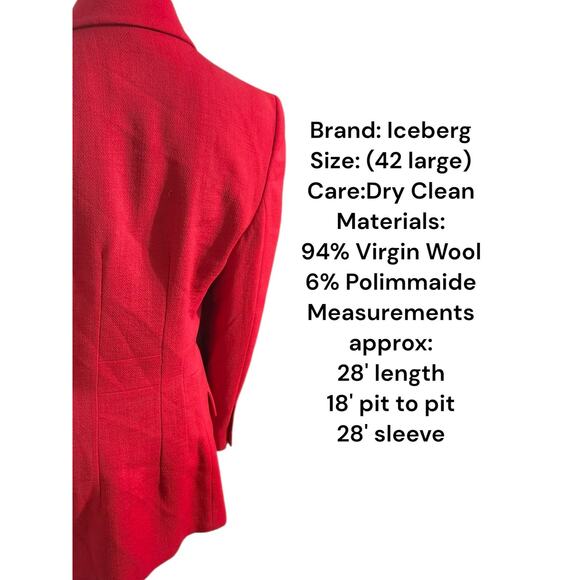 Vintage 80's Iceberg Womens 3 Button Red Blazer Virgin Wool Blazer Made In Italy - Picture 2 of 10